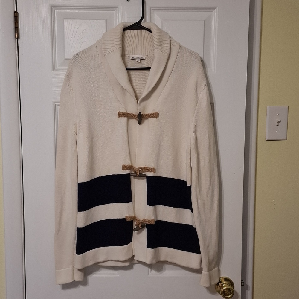 GAP sz M, unisex shawl collar cardigan with double navy botton stripes .